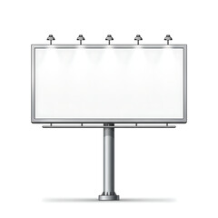 A blank billboard with a metal frame and lights on top, standing on a pole against a white background.