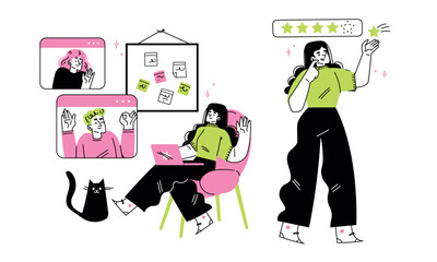 A beautifully designed modern home office featuring a creative woman and her adorable cat