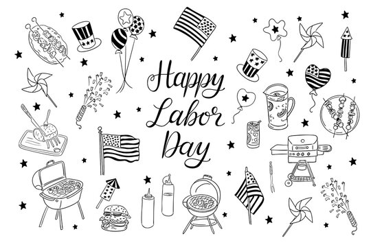 Hand drawn vector doodle set for Labor Day celebration with barbecue, flags, balloons, fireworks, and festive food. Concept of American holiday, summer party, and patriotic gathering