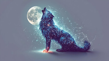 Mystical wolf howling at a full moon,  its form intertwined with celestial energy.  Digital art blending animal and cosmic imagery
