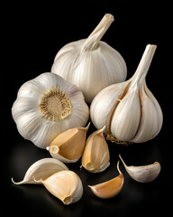 Whole garlic bulbs and several separated garlic cloves on a black background