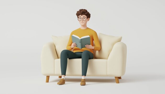 Young Handsome Man Reading Literature While Holding Book And Sitting On Couch In Living Room: A Captivating Portrait.