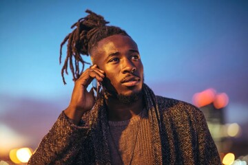 Young African man with dreadlocks talking enthusiastically on smartphone outdoors at dusk
