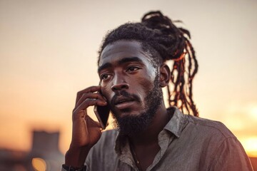Young African man with dreadlocks talking enthusiastically on smartphone outdoors at dusk