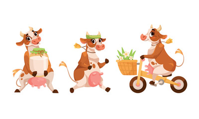 Adorable Cartoon Cows Happily Riding Bicycles and Joyfully Dancing Together, Enjoying Life