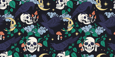 Seamless pattern with hand drawn inky ravens or crows sitting on human skulls. Celestial Skeleton heads in forest foliage repeat background. Night sky with crescents, birds and stars wallpaper