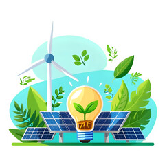 Sustainable energy concept with wind turbine solar panels and light bulb growing plant