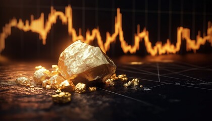 Discovery Of High-Quality Gold Ore In Mine Located On Black Soil With Gold Price Fluctuations Reflected In Graph.