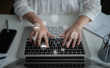 A visual of artificial intelligence network connecting AI, network, and system across a structured...