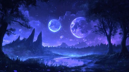 Fototapeta premium Mystical night landscape with two moons