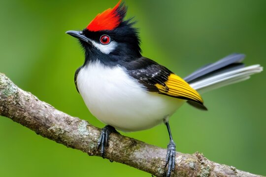Red Whiskered bulbul perching on a tree branch amid lush greenery in the afternoon sun, A red-whiskered bulbul looking around on a tree branch, depth of field - Powered by Adobe