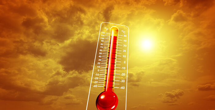 Extreme Heat Wave and Intense heatwave and weather with soaring temperatures and blazing sun representing by a rising thermometer and hot climate change impact as a high UV index warning.