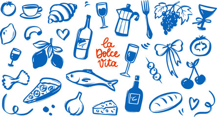 Whimsical Italian Food Doodle with Vintage Summer Vibe. Pasta on a Plate, Wine Bottle and Pizza Slices