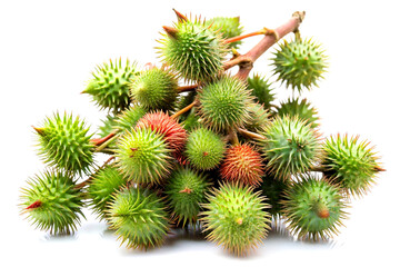 Cluster of Castor Plant Fruits Isolated on White Background, Natural Botanical Detail. AI Generative