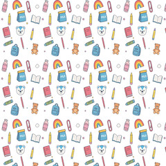 A seamless pattern featuring cute school-related doodles including teddy bears, milk cartons, pencils, backpacks, books, rainbows, and cartoon faces on a white background.