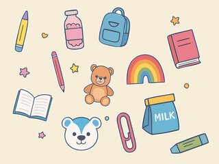 A playful flat-style illustration of school supplies and cute elements scattered on a light beige background, including a teddy bear, pencils, books, backpack, milk carton, rainbow, paperclip, stars, 