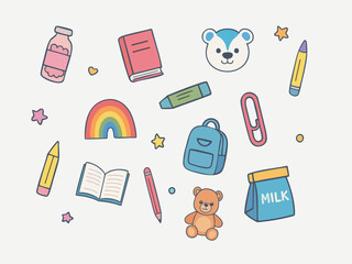 A playful flat-style illustration of school supplies and cute elements scattered on a light beige background, including a teddy bear, pencils, books, backpack, milk carton, rainbow, paperclip, stars, 