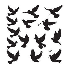 Collection of black silhouette doves flying in different poses with olive branches