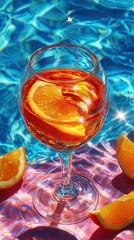 Beautiful glass with a refreshing cocktail against the background of the pool. Top view, close-up.