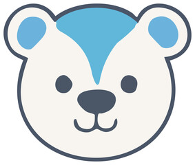 A flat-style cartoon illustration of a smiling polar bear face with blue ear accents and a blue patch on its forehead.