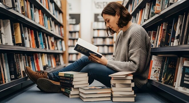 Serene reader absorbed in a book, surrounded by stacks of books in a library