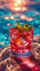 Beautiful glass with a refreshing cocktail against the background of the pool. Top view, close-up.