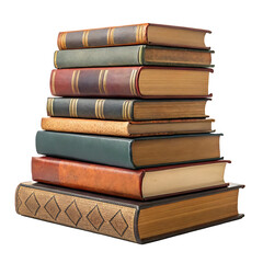 A stack of old leather bound books with gold trim isolated on transparent background