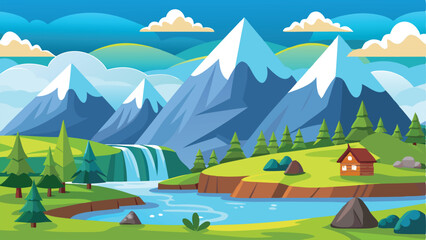 Cartoon Landscape SnowCapped Mountains, Waterfall, River, Pines, Cabin, Clouds, Blue Sky