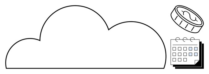 Cloud outline with a stack of calendars and a coin, representing digital organization, planning, cost management, cloud computing, data storage, productivity, and time-saving. Ideal for fintech