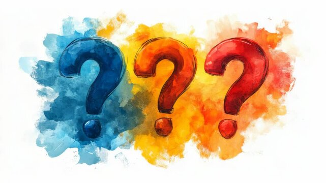 Three question marks in blue, orange, and red on artistic paint splash background, symbolizing inquiry, confusion, or curiosity in design