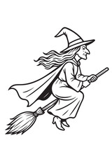Halloween Witch Outline Design Black and White