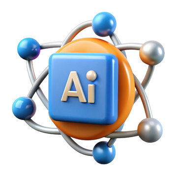 3D rendered AI atom icon representing artificial intelligence and technology, isolated on transparent background