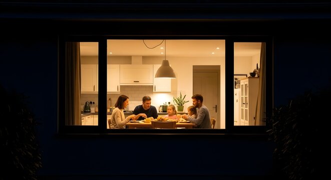 Family Dinner Scene Through a Night Window