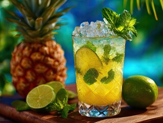 Cold summer tropical drink with crushed ice, lime and mint. Sweet pineapple lemonade