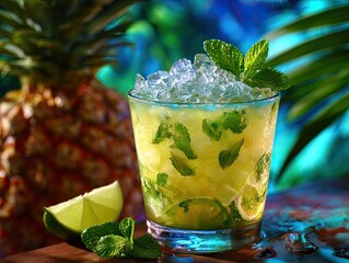Cold summer tropical drink with crushed ice, lime and mint. Sweet pineapple lemonade