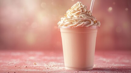 Creamy milkshake, plastic cup, pink backdrop, dessert, advertising