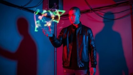Man in leather jacket with glowing icons above hand in a blue and red lit room with shadows - Powered by Adobe