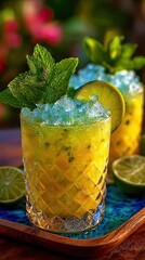 Cold summer tropical drink with crushed ice, lime and mint. Sweet pineapple lemonade