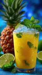 Cold summer tropical drink with crushed ice, lime and mint. Sweet pineapple lemonade