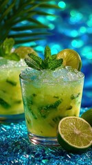 Cold summer tropical drink with crushed ice, lime and mint. Sweet pineapple lemonade