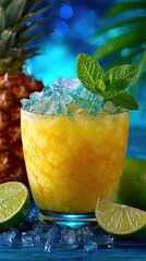 Cold summer tropical drink with crushed ice, lime and mint. Sweet pineapple lemonade