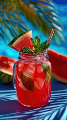 Fresh drink with watermelon and mint, cold summer lemonade, healthy non-alcoholic cocktail. Shadows of a sunny day on a blue background.