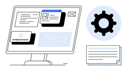 Desktop screen displaying widgets thumbs up email, video, images, and text, paired with a settings gear and documents. Ideal for technology, teamwork, productivity, UI configuration workflow