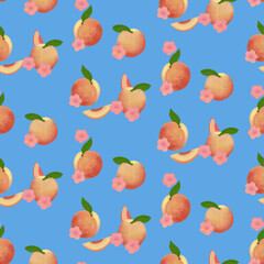 Peaches pattern withflowers and blue background