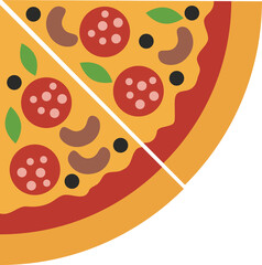 Delicious pizza slice with salami, mushroom, and olive topping. Fast food menu item for restaurant advertisement on copy space.