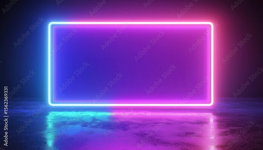 Poster glowing neon rectangular frame with shimmering effects on a dark background. abstract empty techno b