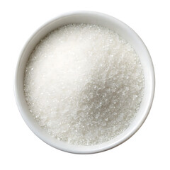 Top view of a white bowl filled with coarse granulated sugar isolated on transparent background