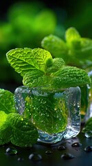 Fresh mint leaves on ice cubes with water droplets. high detoxification