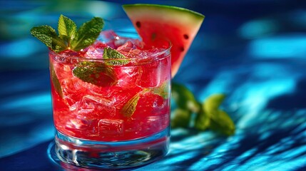 Fresh drink with watermelon and mint, cold summer lemonade, healthy non-alcoholic cocktail. Shadows of a sunny day on a blue background.