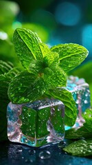 Fresh mint leaves on ice cubes with water droplets. high detoxification